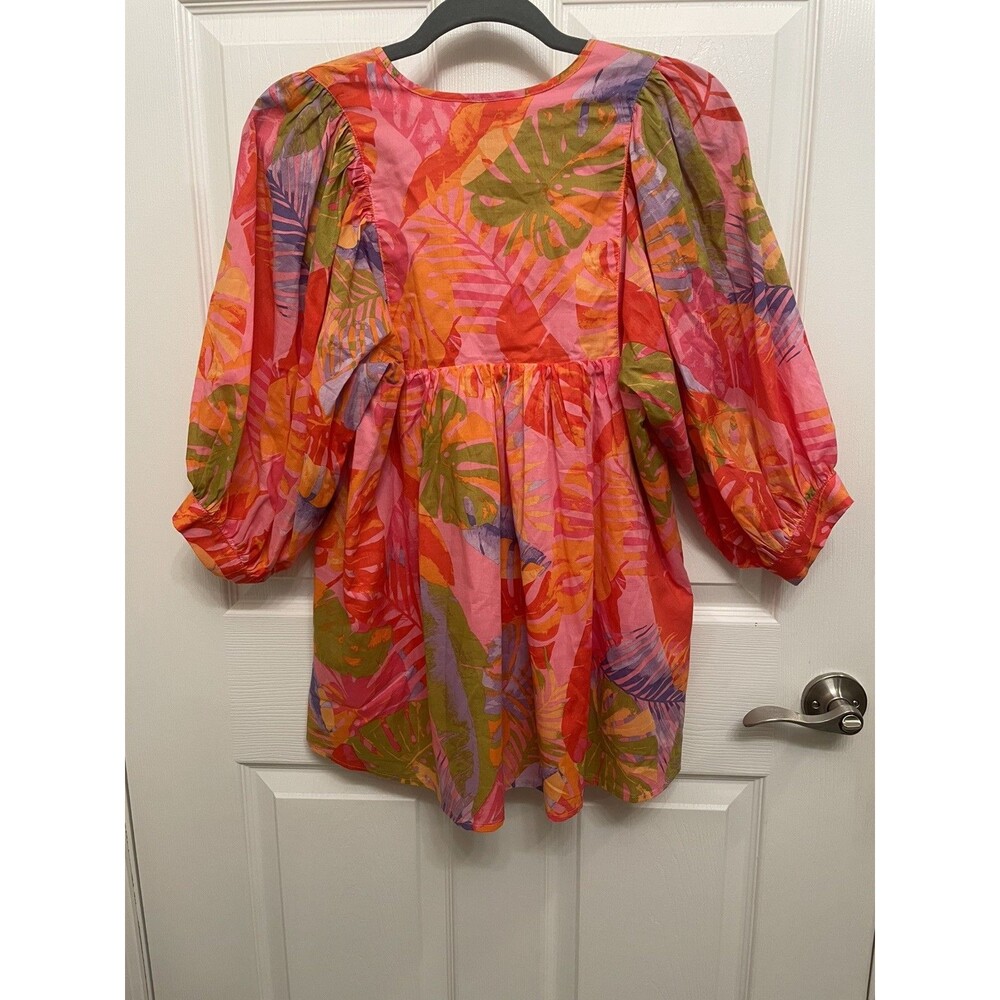 J. Marie Pink Floral Quarter Sleeve Top XS Tropical Monstera Cotton